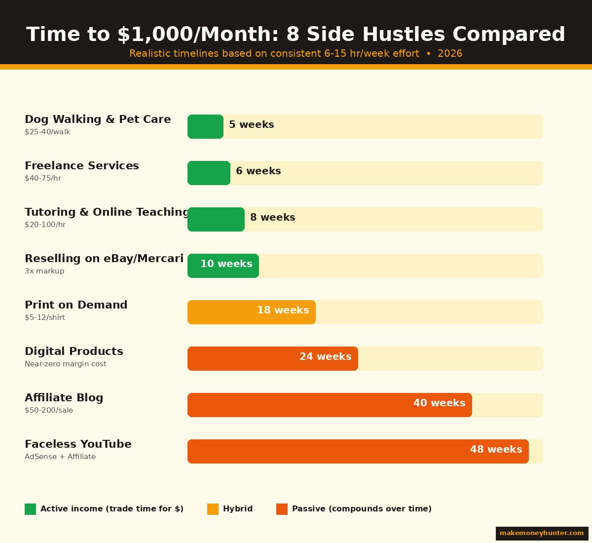 Comparison chart showing realistic timelines to reach $1000 per month across 8 different side hustles in 2026