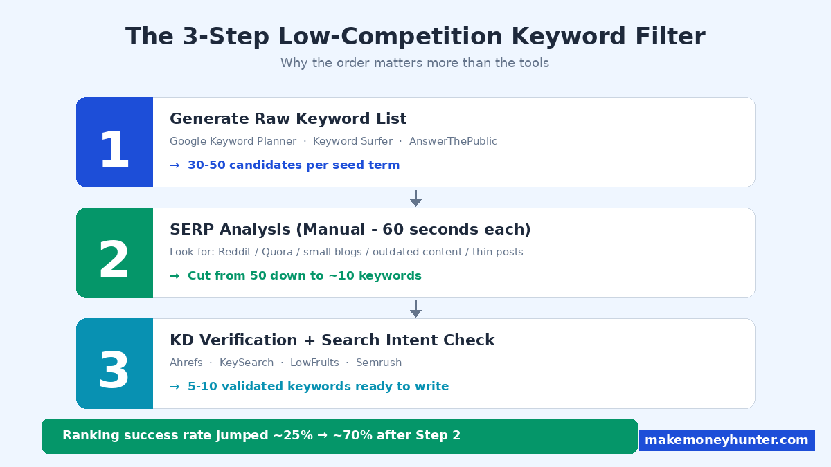 3-step low-competition keyword filter flowchart: generate raw list, SERP analysis, KD verification
