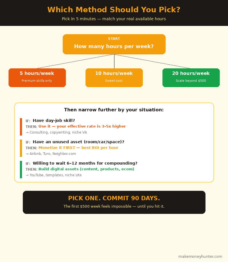 Decision flowchart for choosing how to make 500 a week side hustle based on available hours skills and assets