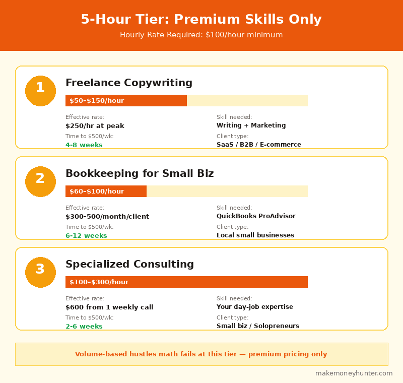 5 hour per week side hustle matrix showing copywriting bookkeeping and consulting hourly rates needed to make 500 dollars weekly