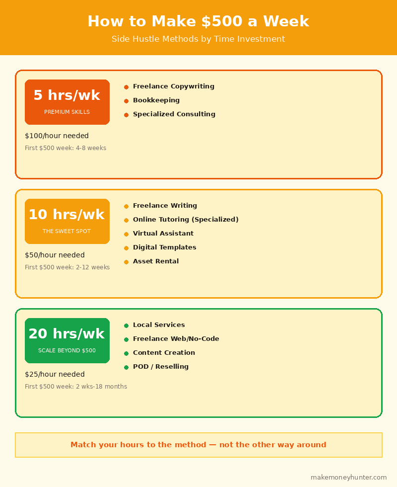 How to make 500 a week side hustle income comparison by time investment showing 5, 10 and 20 hours per week methods in 2026