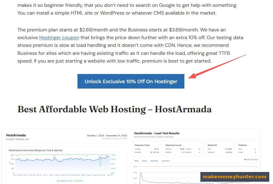 Example of an affiliate review article showing a Hostinger discount call-to-action button followed by HostArmada performance data