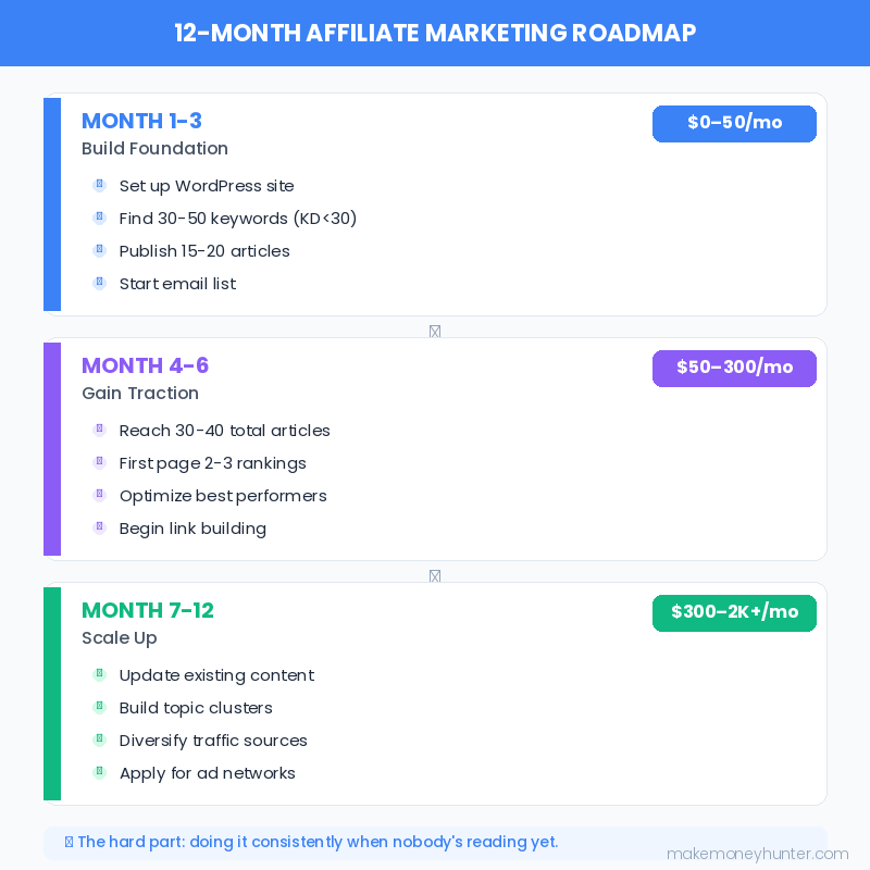 12-month affiliate marketing roadmap infographic showing milestones from foundation building through scaling with realistic income expectations