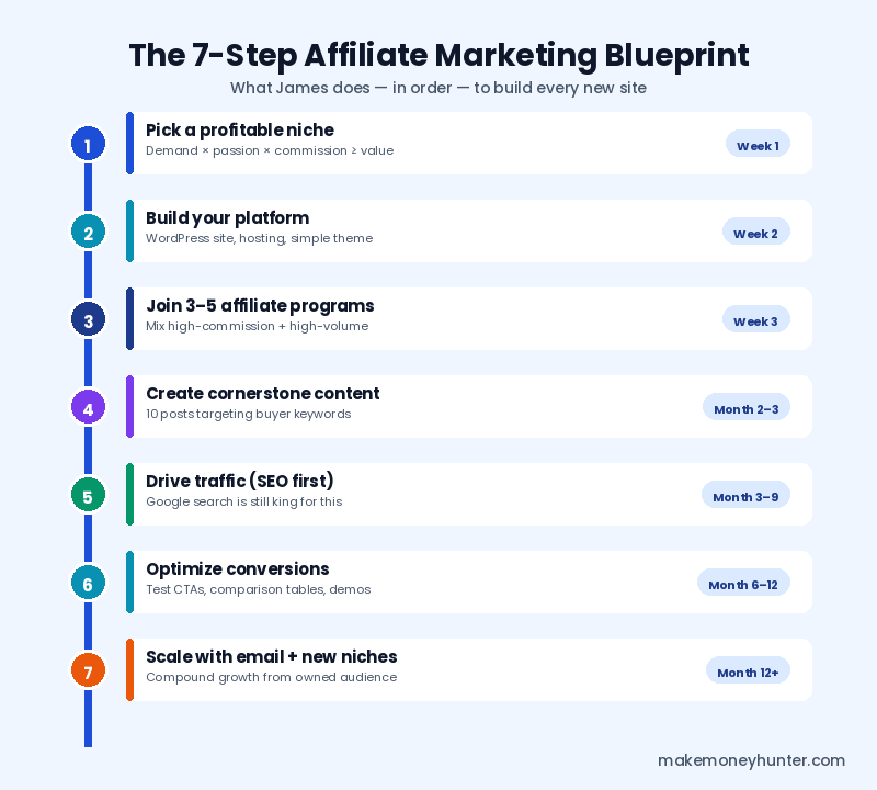 Vertical timeline infographic showing the 7-step affiliate marketing blueprint from picking a niche in week 1 to scaling with email and new niches in month 12 plus