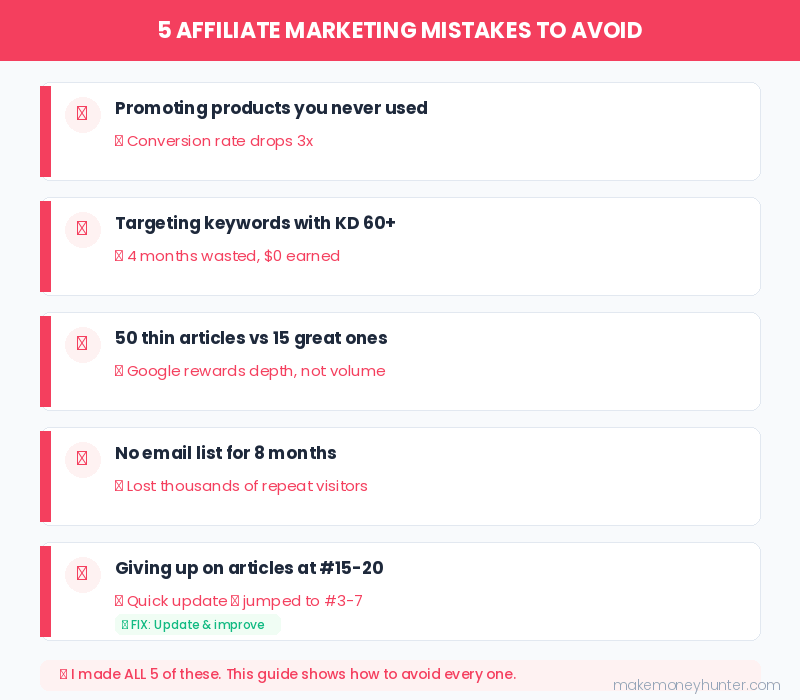 Five common affiliate marketing mistakes infographic with solutions showing keyword difficulty, content quality, and email list building