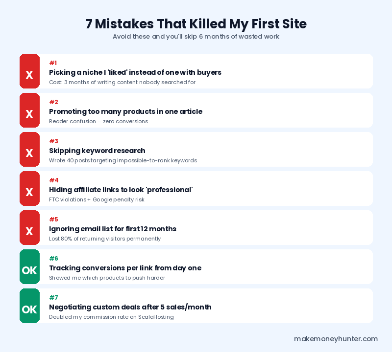 Infographic listing 7 common affiliate marketing mistakes James made on his first site, with five things to avoid marked X and two best practices marked OK