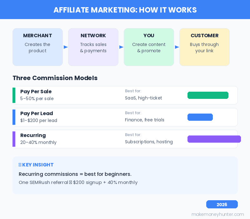 Affiliate marketing guide overview infographic showing the complete process from choosing a niche to earning commissions in 2026