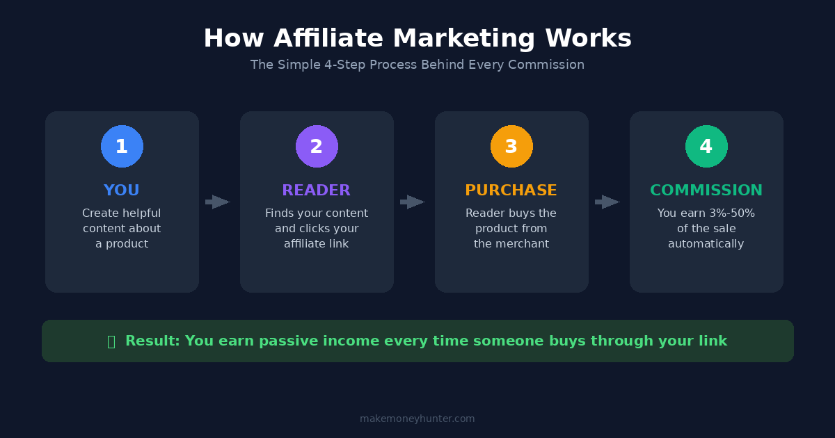 Diagram showing how affiliate marketing works: creator recommends product, reader clicks affiliate link, purchase is made, creator earns commission