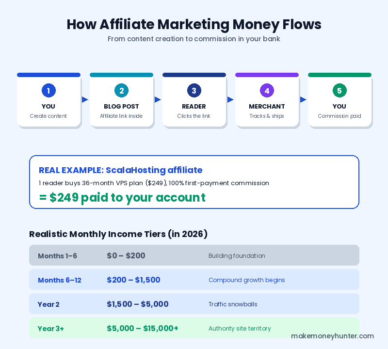 Affiliate marketing money flow diagram showing how readers click links, merchants track sales, and commissions are paid out, with realistic monthly income tiers from $0 to $15000+
