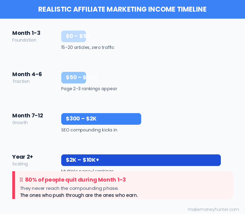 Affiliate marketing income timeline infographic showing realistic monthly earnings progression from month 1 through month 24