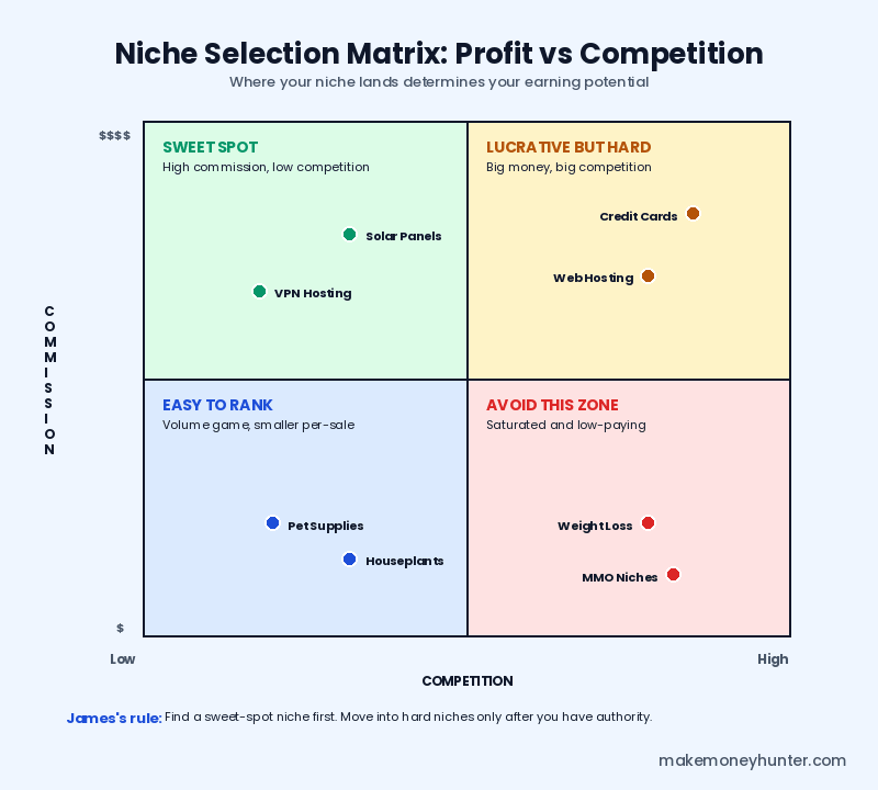 Niche selection matrix showing four quadrants based on commission per sale and competition level, plotting examples like VPN hosting, web hosting, pet supplies, and weight loss niches