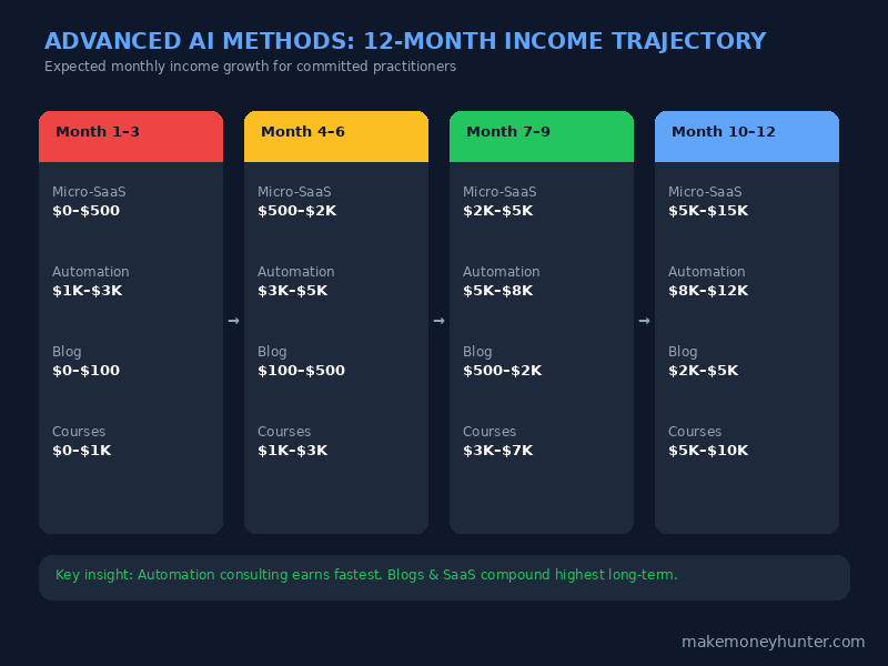 Timeline chart showing expected income growth over 12 months for advanced AI income methods in 2026