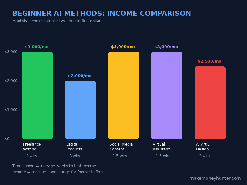 Comparison chart showing income potential of 5 beginner AI money-making methods in 2026