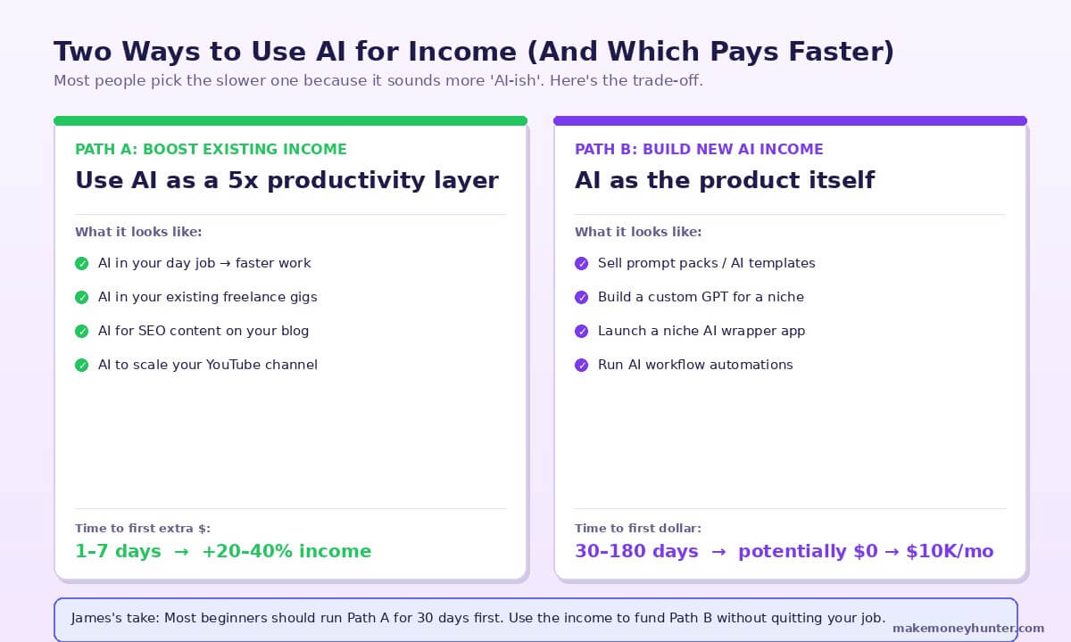 AI side hustle path A boost existing income versus path B build new AI income stream comparison with timelines