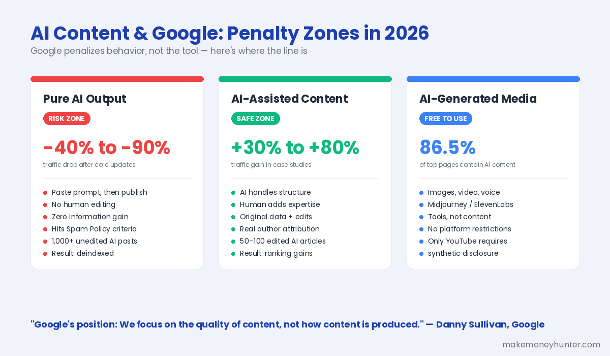 AI generated vs AI assisted content comparison showing Google penalty risk zones