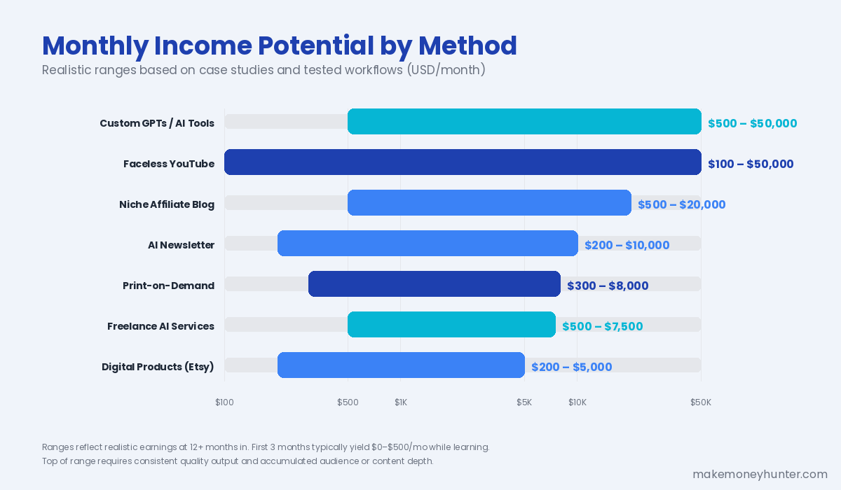 Comparison of monthly income potential across 7 AI content monetization methods