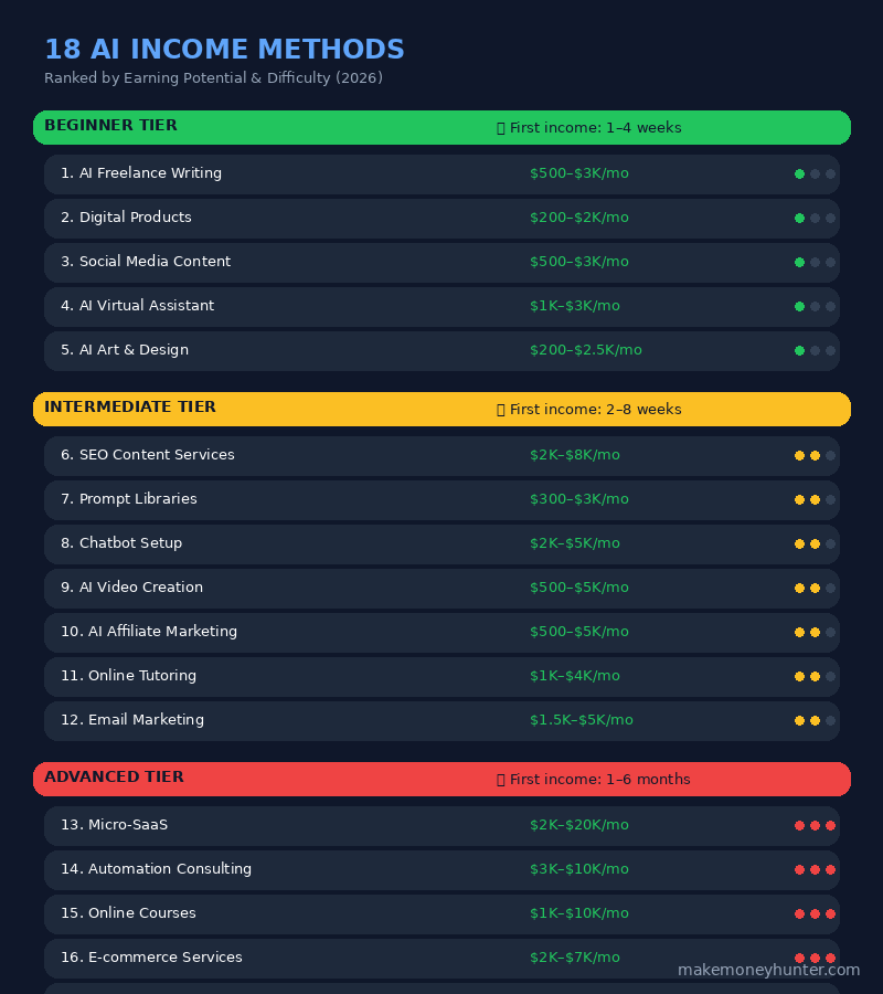 Infographic showing 18 AI income methods ranked by earning potential and difficulty level in 2026