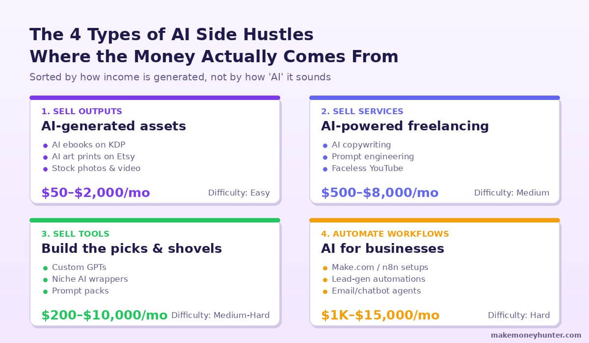 The four categories of AI side hustles in 2026 showing how income is generated by sell outputs services tools or workflows