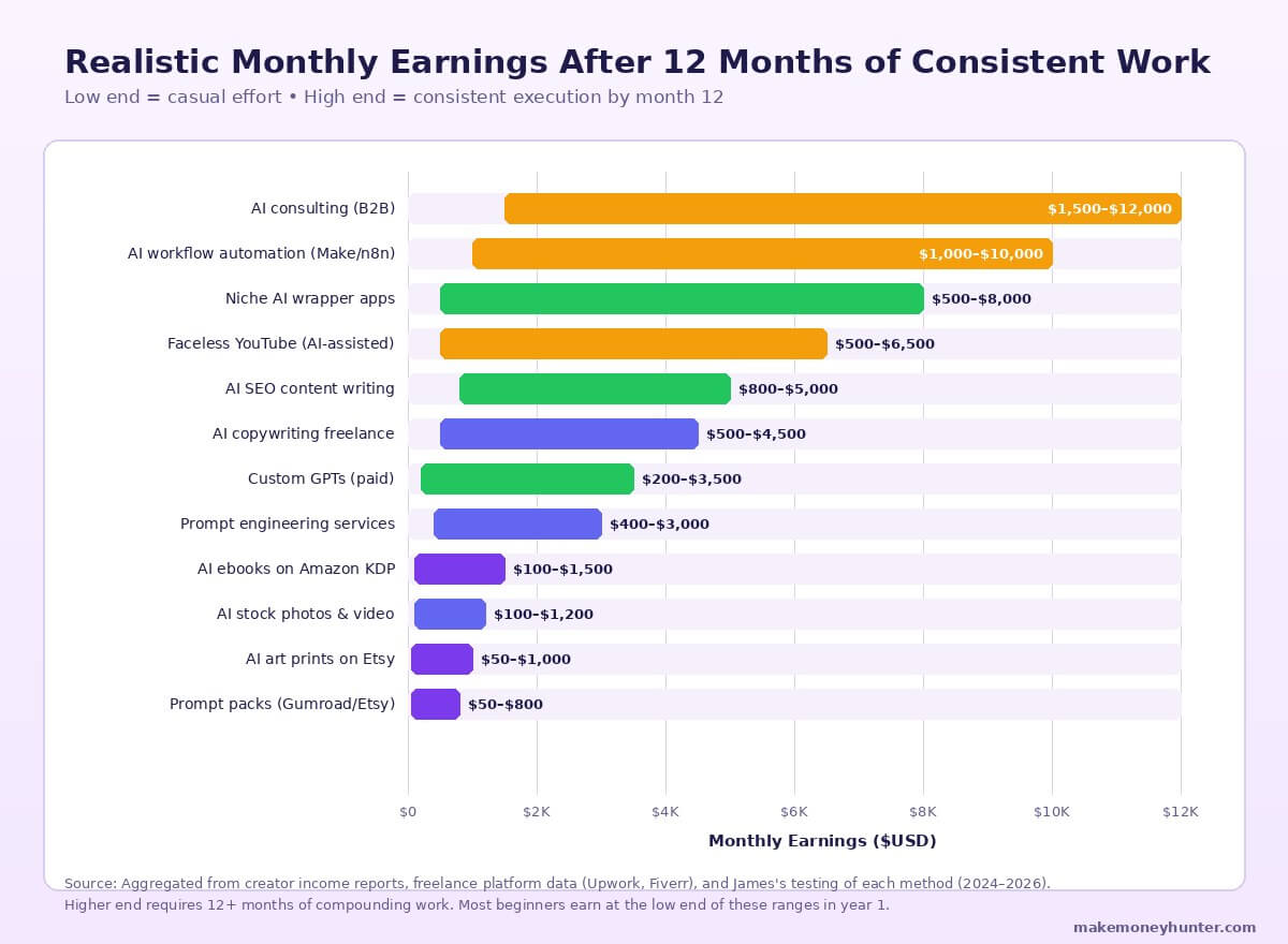Realistic monthly earnings ranges for 12 AI side hustles after 12 months of consistent work