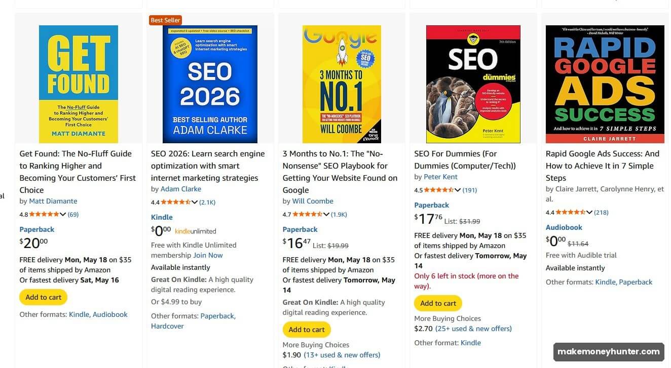 Amazon KDP non-fiction bestsellers in the SEO category showing pricing review counts and Best Seller badges
