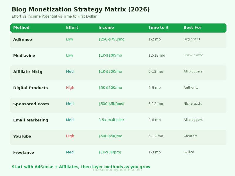 Matrix chart comparing blogging monetization methods by effort level, income potential, and time to first dollar in 2026