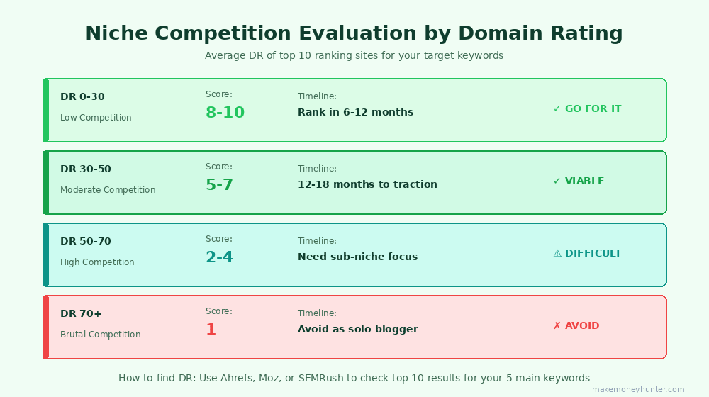 Blog niche competition evaluation matrix showing domain rating ranges and viability scores for new bloggers entering different niches in 2026