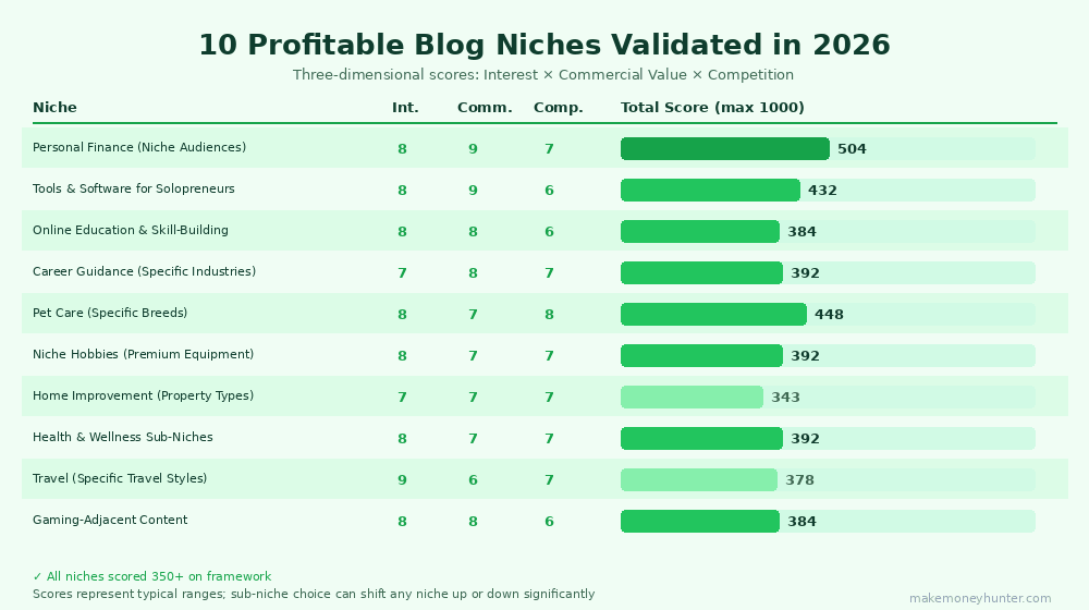 Comparison of 10 profitable blog niches in 2026 showing three-dimensional scores for interest commercial value and competition with total viability scores
