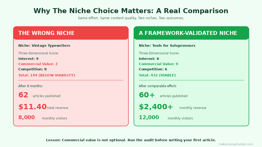 Real comparison data showing vintage typewriters niche generating $11.40 versus a framework-validated tools for solopreneurs niche generating thousands monthly with similar effort