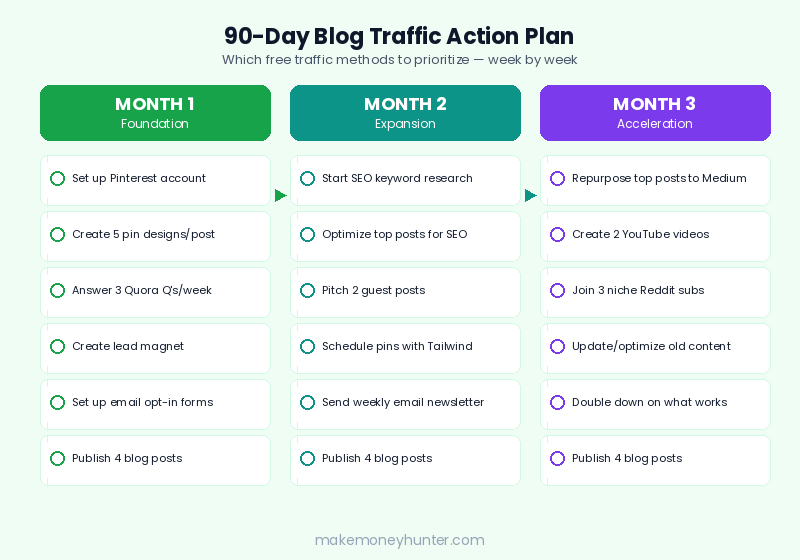 90-day action plan flowchart for new bloggers showing which free traffic methods to prioritize in months 1, 2, and 3