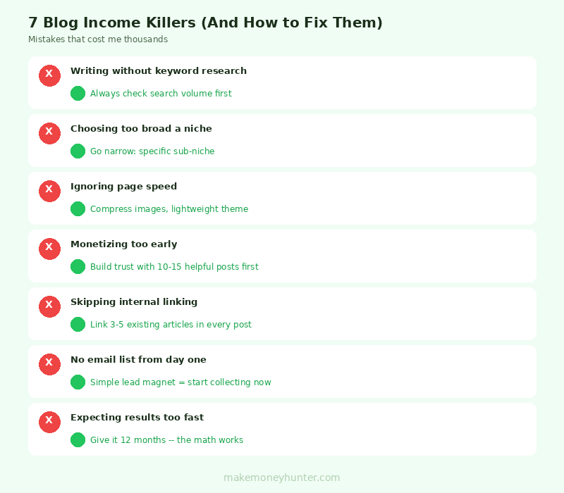 Infographic listing the 7 most common mistakes new bloggers make and how to avoid each one in 2026