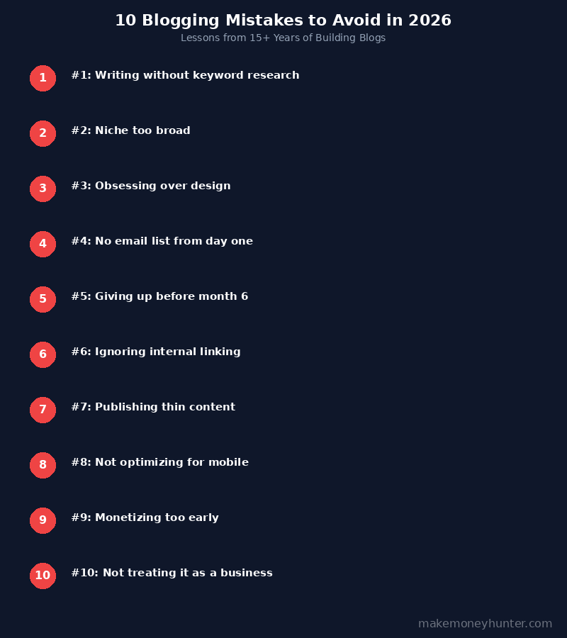 Infographic showing the top 10 blogging mistakes beginners make in 2026 with icons and brief descriptions