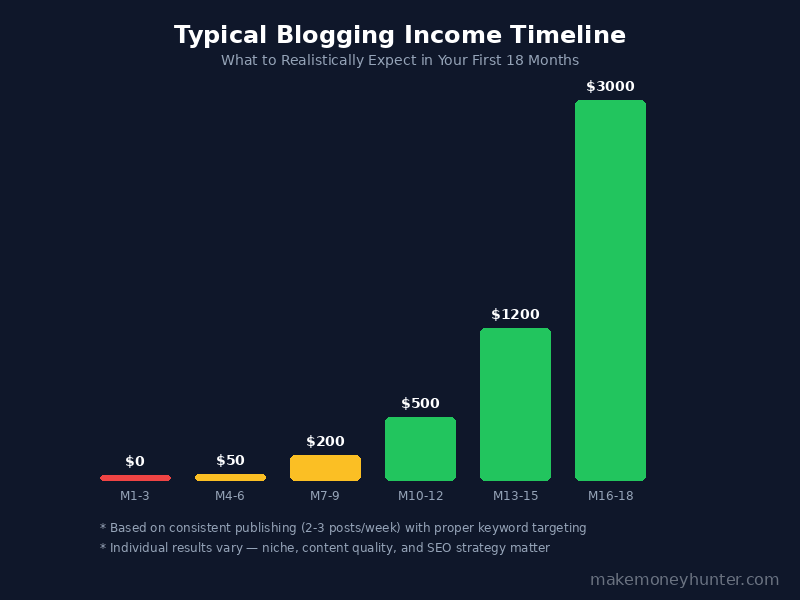 Blogging income timeline showing typical earnings from month 1 to month 18 for beginners in 2026