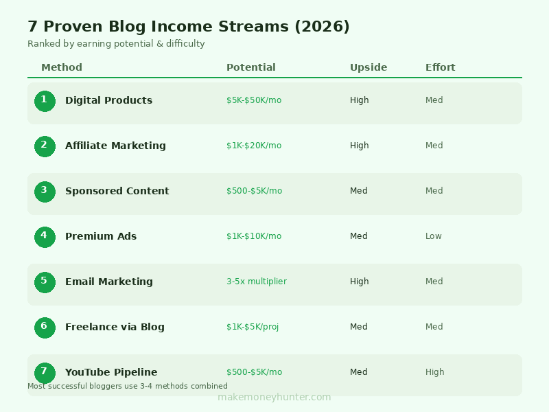 Infographic showing 7 proven blogging income methods ranked by earning potential and difficulty level in 2026