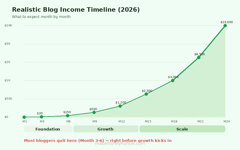 Timeline chart showing realistic monthly blogging income progression from month 1 to month 24 in 2026