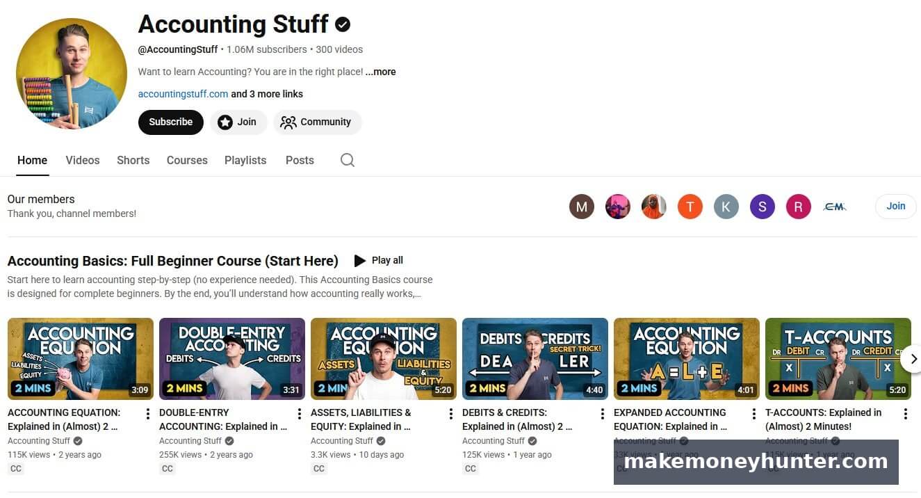 Accounting Stuff YouTube channel homepage showing the Accounting Basics Full Beginner Course with videos on the accounting equation, debits and credits, and T-accounts