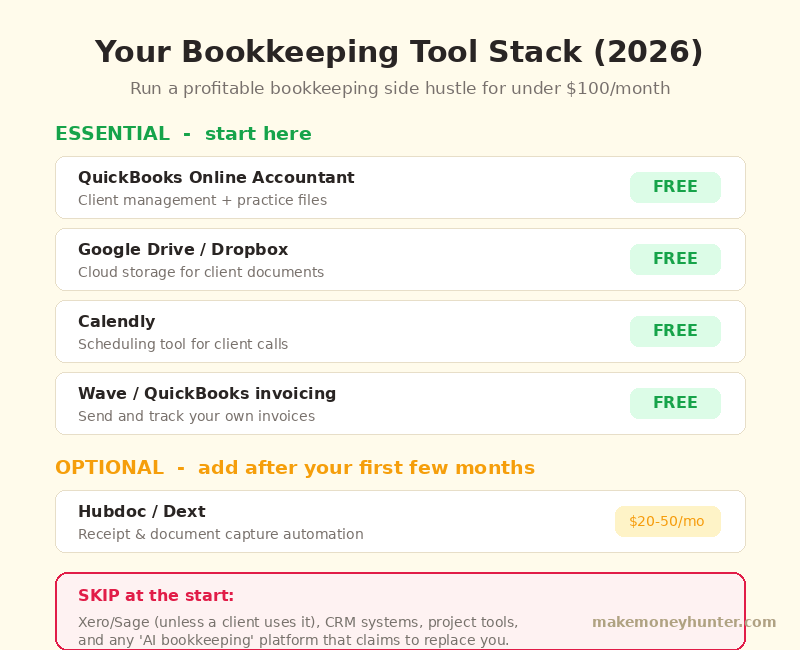 Essential tools stack for a bookkeeping side hustle in 2026 showing QuickBooks, cloud storage, receipt capture, and scheduling tools with monthly costs