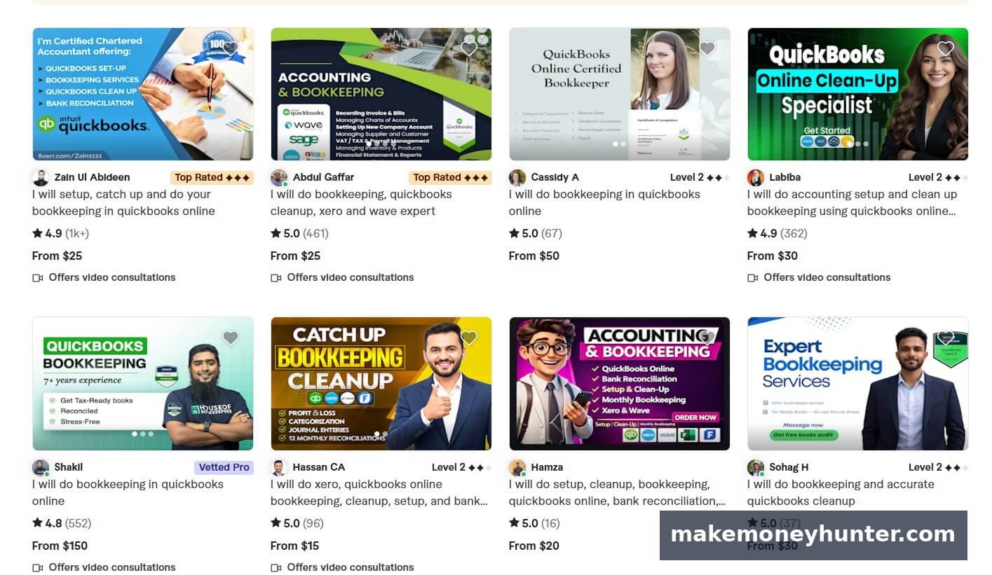 Fiverr freelance bookkeeping gigs showing real prices from $15 to $150 for QuickBooks bookkeeping and cleanup services in 2026