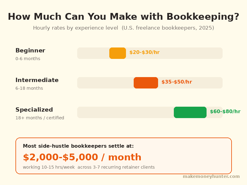 Bookkeeping income potential comparison chart showing hourly rates from $20 to $80+ across beginner to certified bookkeeper levels in 2026