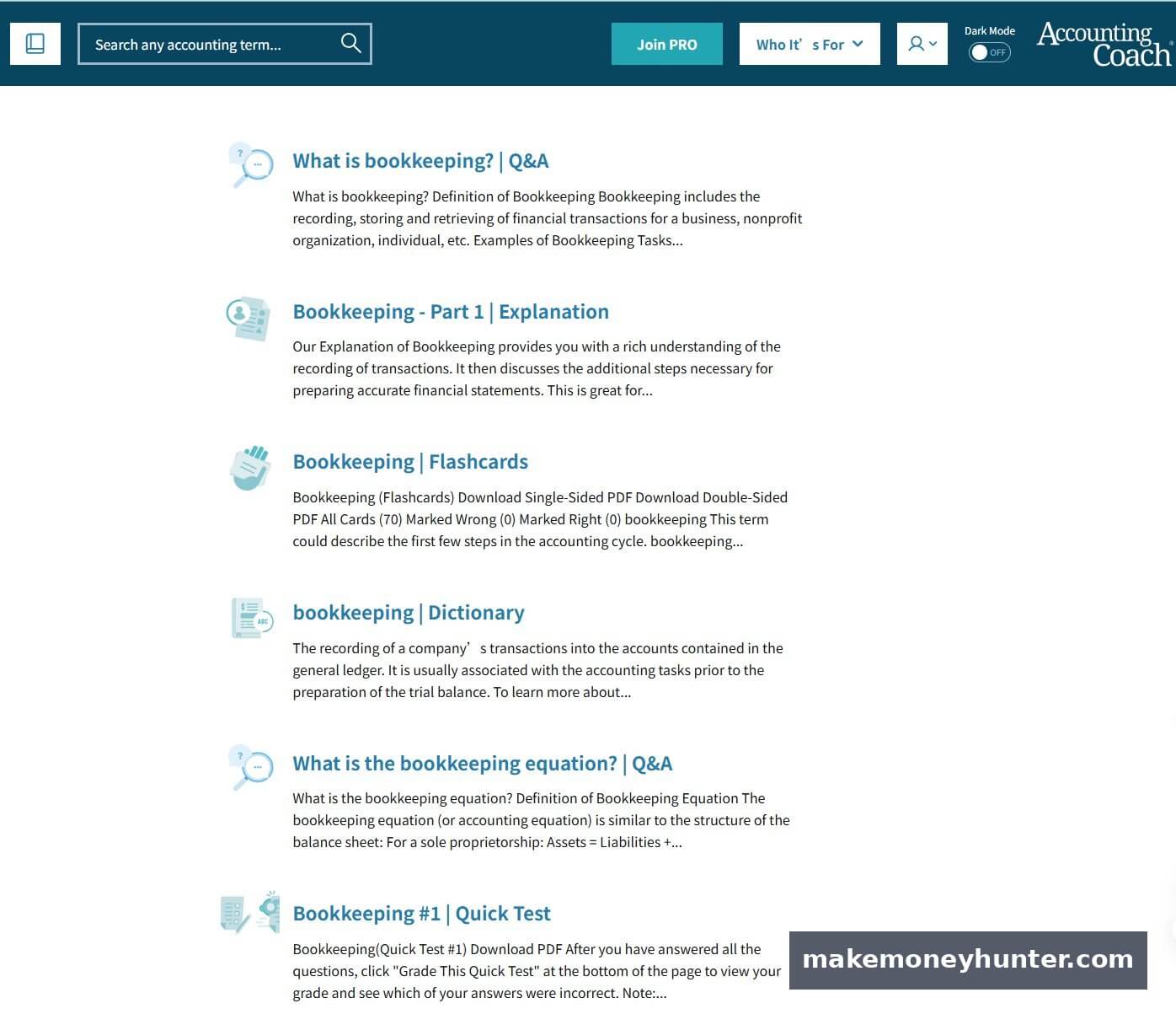 AccountingCoach website showing free bookkeeping lessons including what is bookkeeping, explanations, flashcards, and quick tests for beginners
