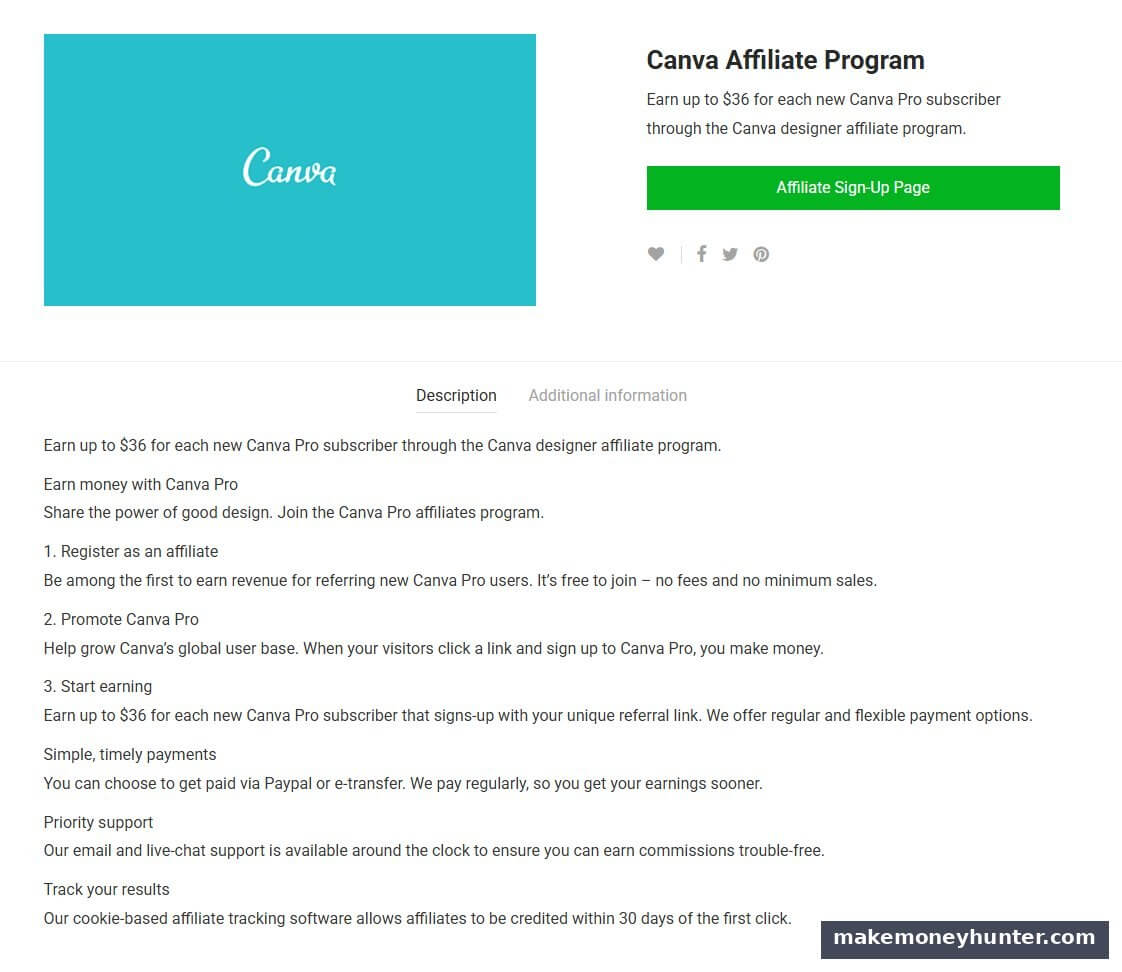 Canva Affiliate Program signup page showing up to $36 commission per new Canva Pro subscriber