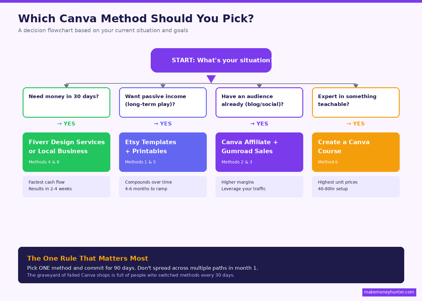 Decision flowchart for choosing the right Canva money-making method based on your situation and goals