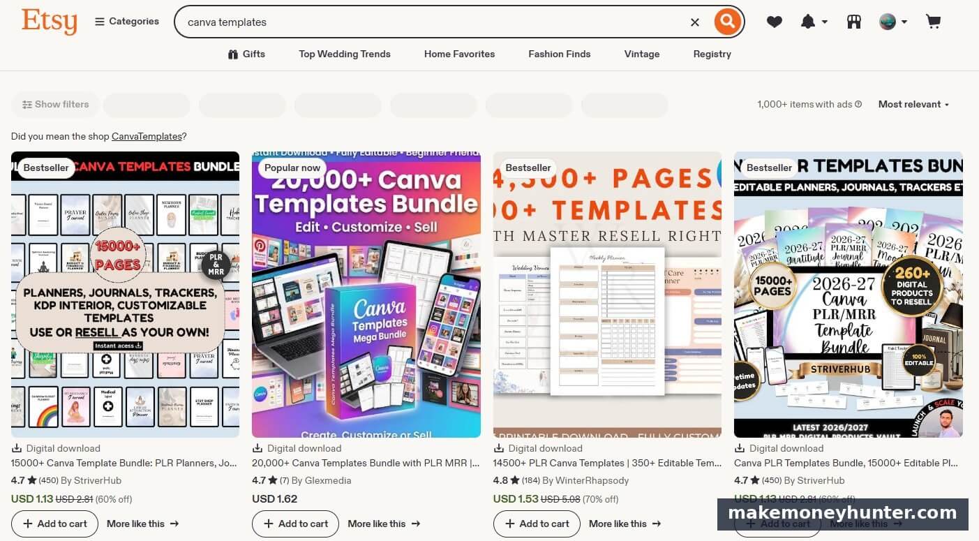 Bestselling Canva templates on Etsy showing 15,000+ page bundles and prices