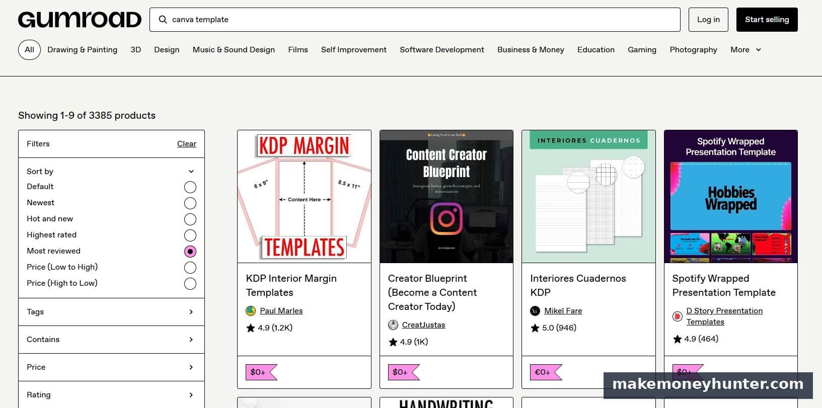 Gumroad marketplace showing 3,385 Canva template products with reviews and ratings