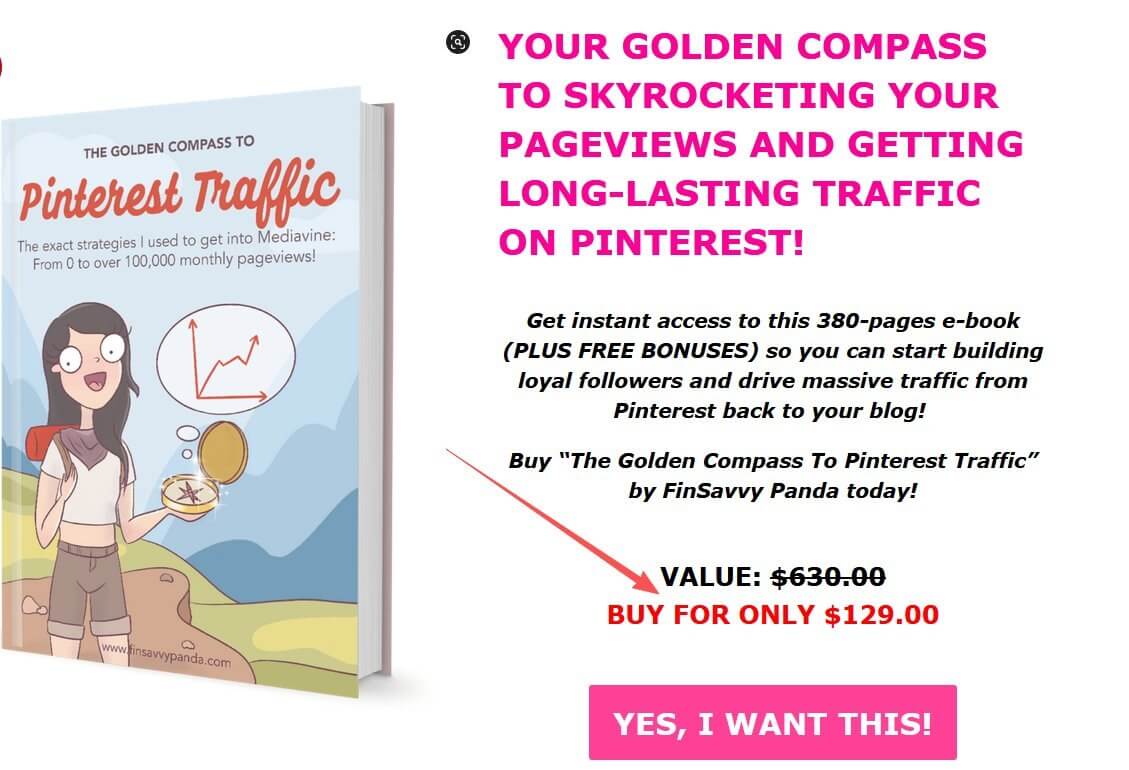 Example of a blogger selling a digital ebook product called The Golden Compass to Pinterest Traffic priced at $129 with original value crossed out at $630