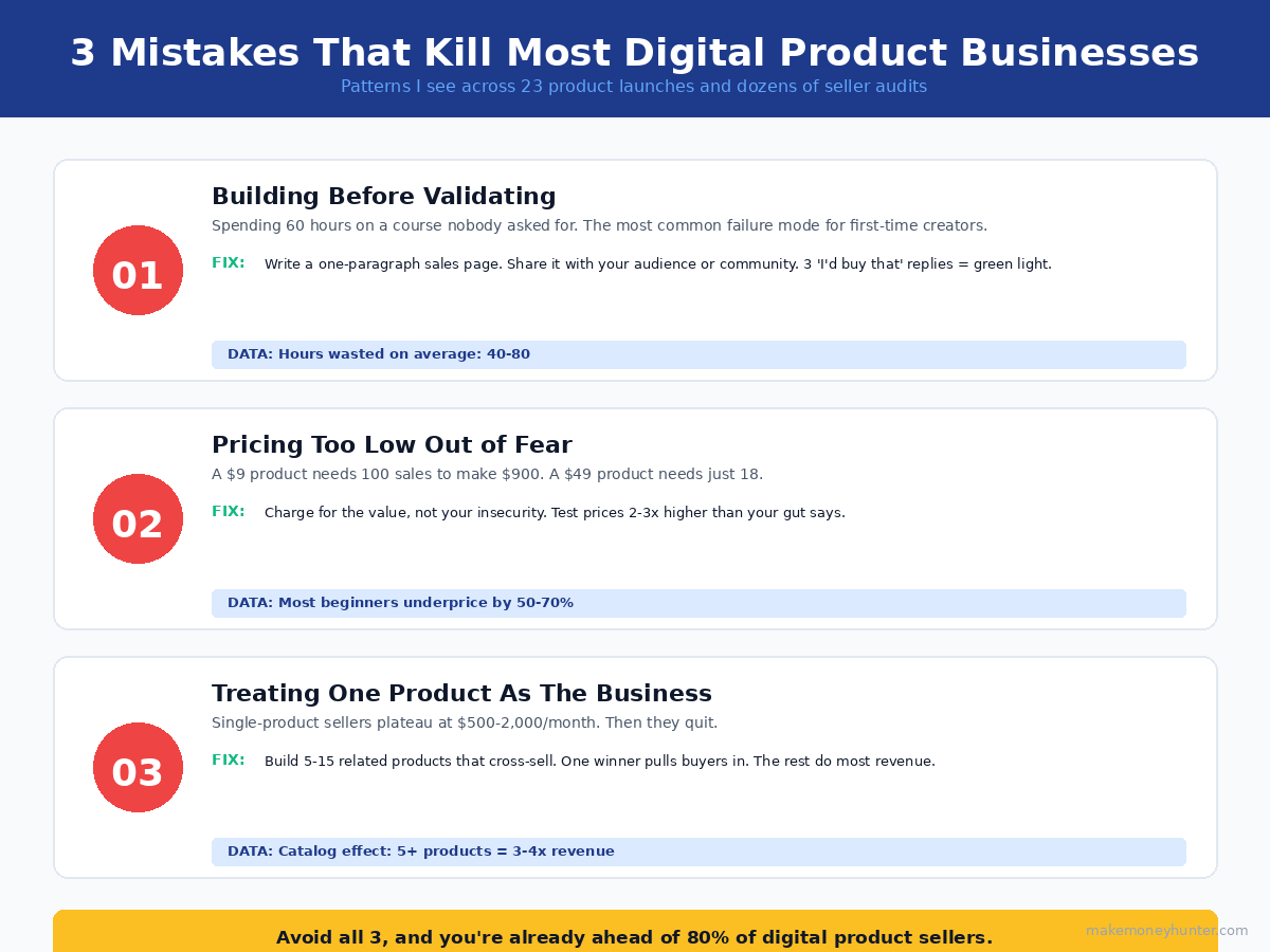 3 mistakes that kill most digital product businesses - building before validating, pricing too low, and treating one product as the business