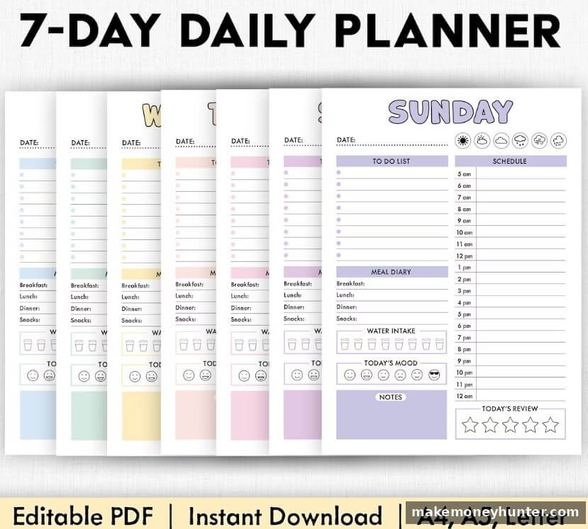 7-day daily printable planner digital product sold on Etsy with editable PDF in A4 A5 Letter sizes