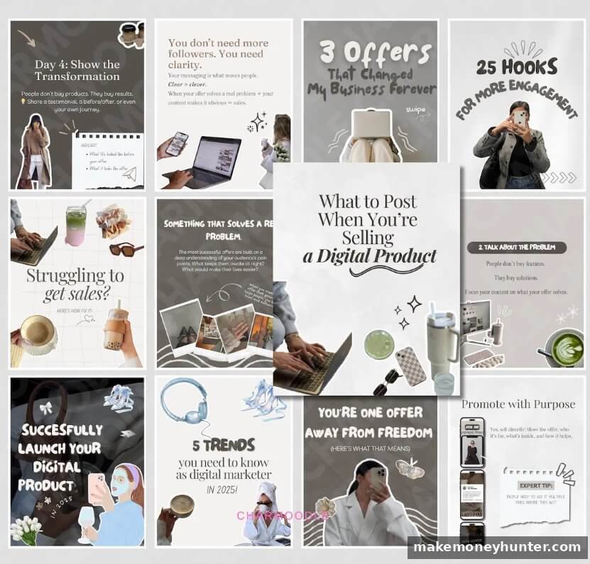 Canva Instagram templates pack for digital product marketers showing carousels hooks and content prompts in a cohesive design system