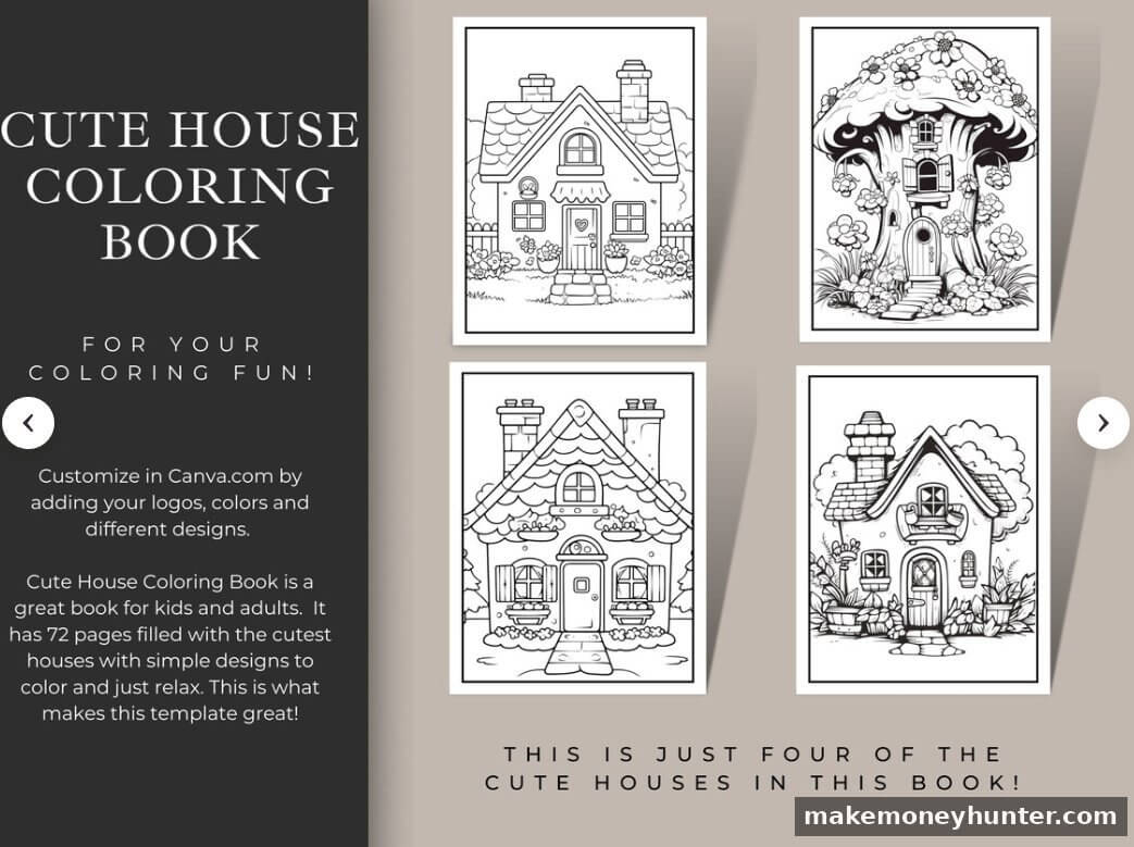 Cute House Coloring Book KDP product showing 72 pages of detailed house illustrations for kids and adults