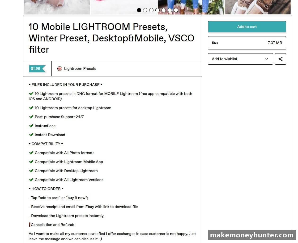 10 Mobile Lightroom Presets winter VSCO filter product page listed at $1.99 with desktop and mobile compatibility