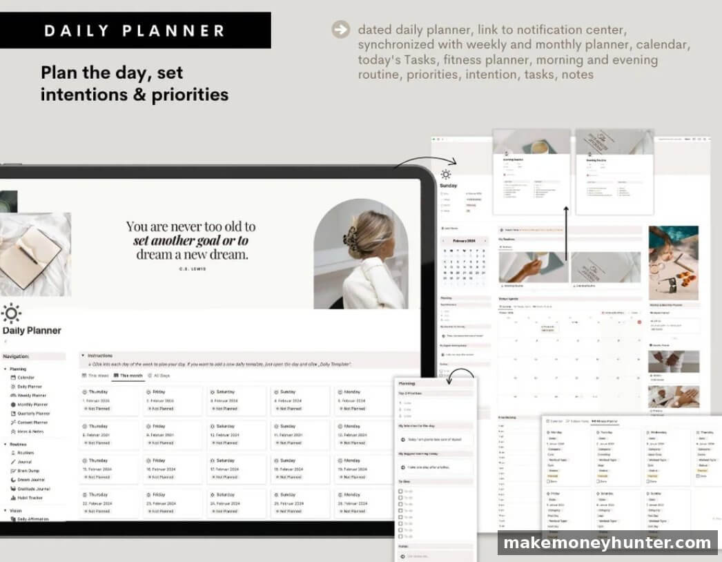 Notion daily planner template product page showing dashboard layout linked to calendar tasks routines and journal